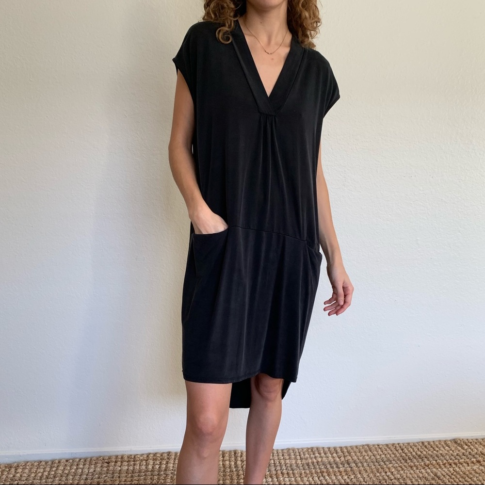 Black drapey cap-sleeve dress